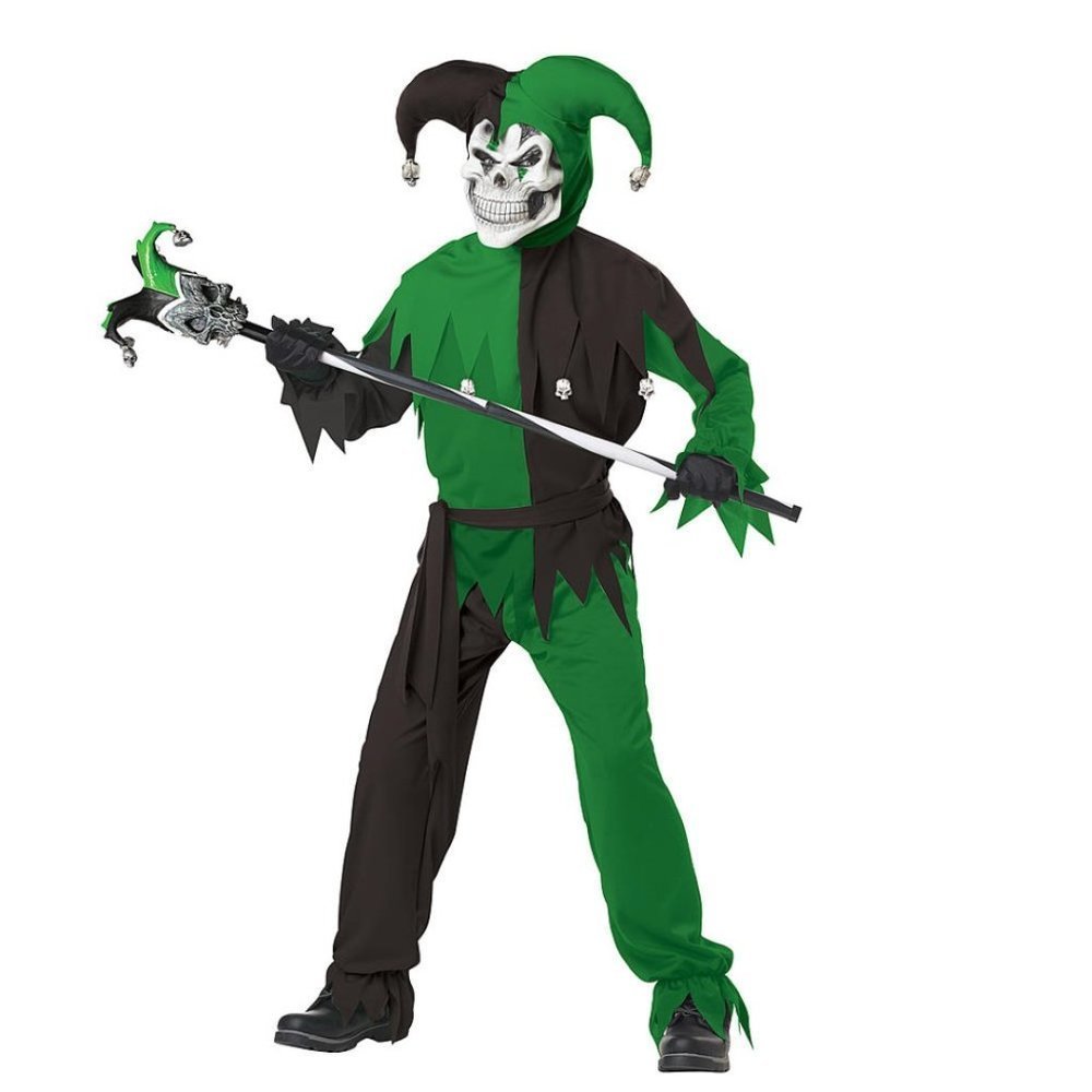 Jester Clown Halloween Costume 8/10 Green Evil 5 Pc Top Pants Hood Mask Boys